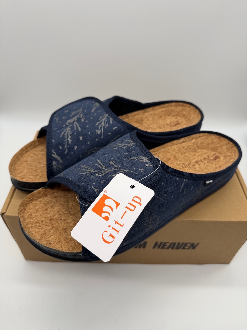 Git-Up Blue Print Cork Footbed Slide Slippers Arch Support Womens Size 11